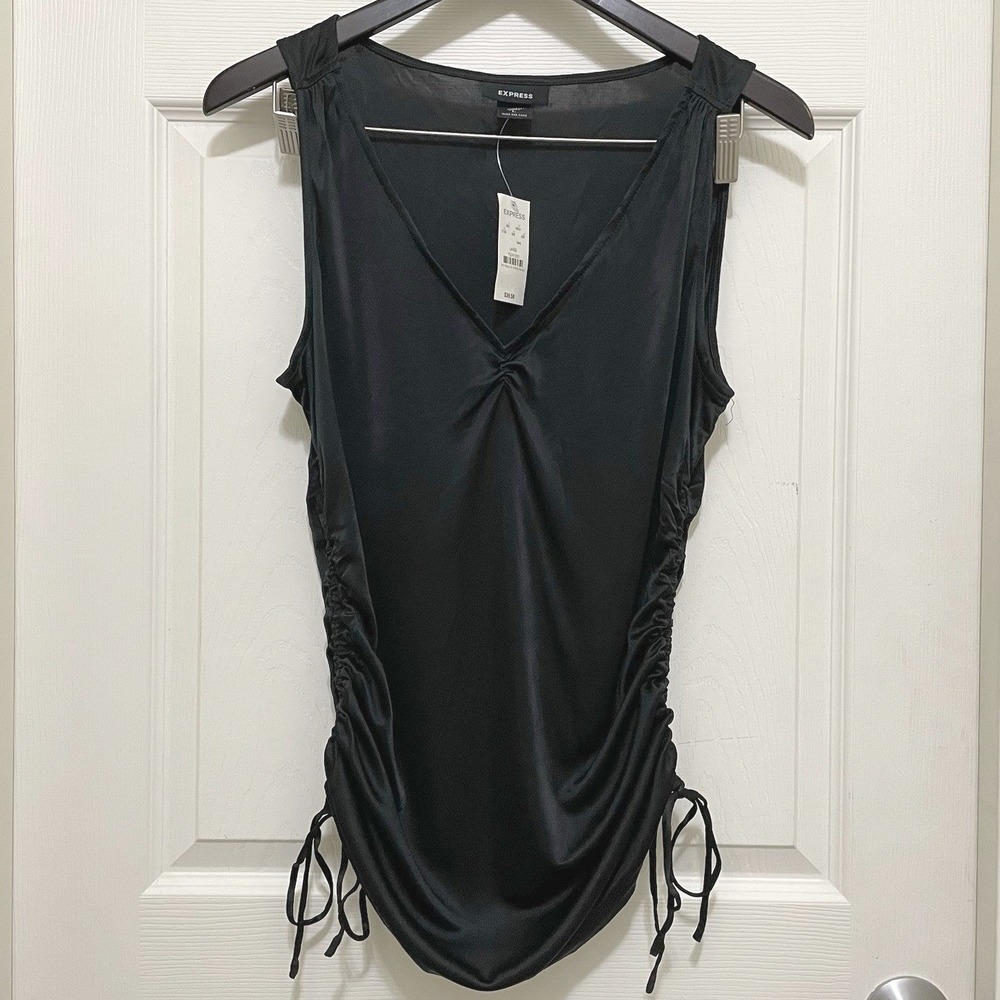 Vintage Express Y2K Ruched Sides V-Neck Club Tank Top Black Sleeveless Large NWT